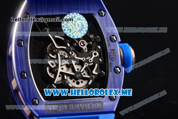 Richard Mille RM 055 Bubba Watson Asia Manual Winding Ceramic/Rose Gold Case with Skeleton Dial and Blue Rubber Strap Rose Gold Inner Bezel - 1:1 Original - Click Image to Close